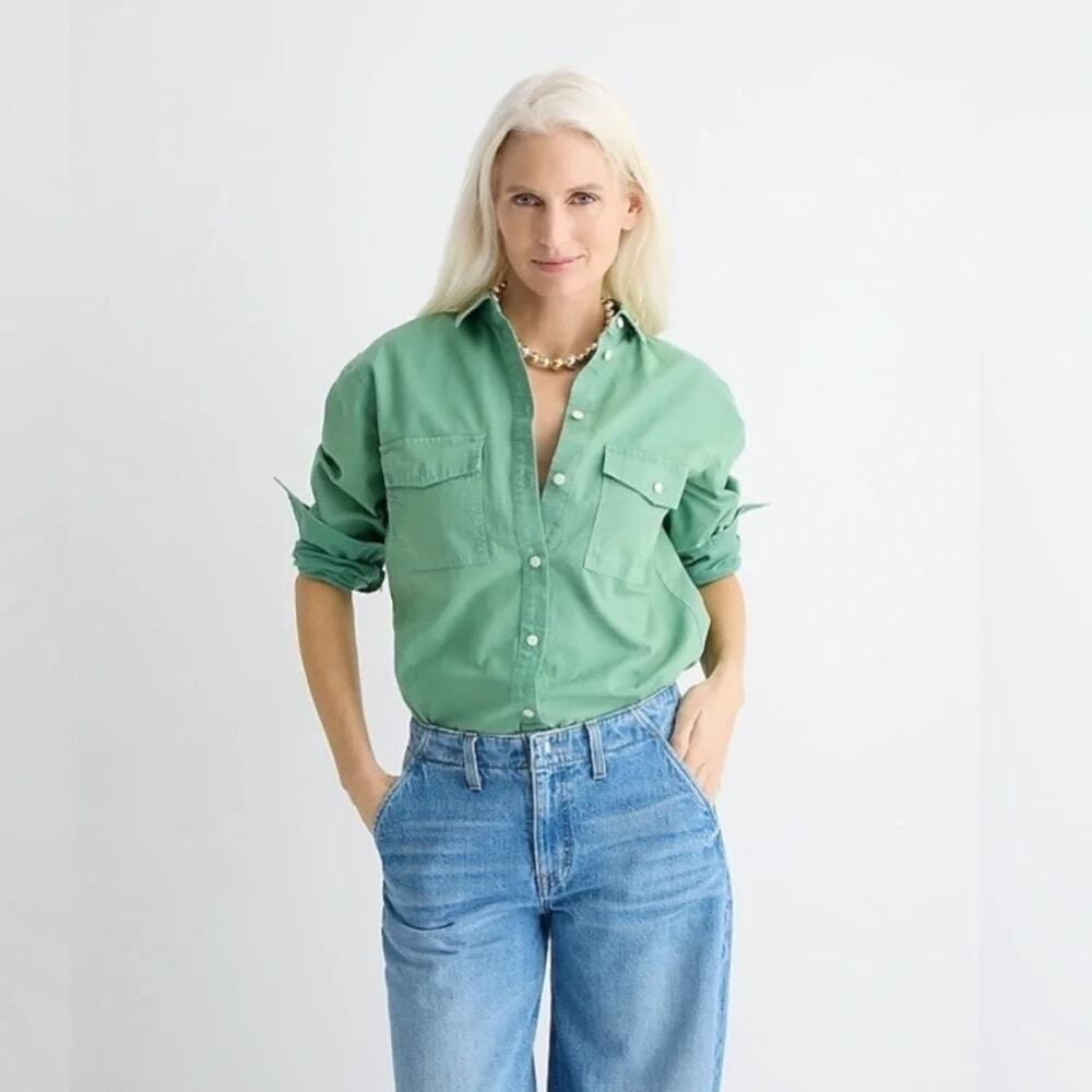 J.Crew Garment-dyed Chambray Shirt for Women Green 4